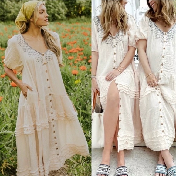 Free People Elegant Cream Sunday Stroll Oversized Embroided Maxi Dress - Picture 8 of 15